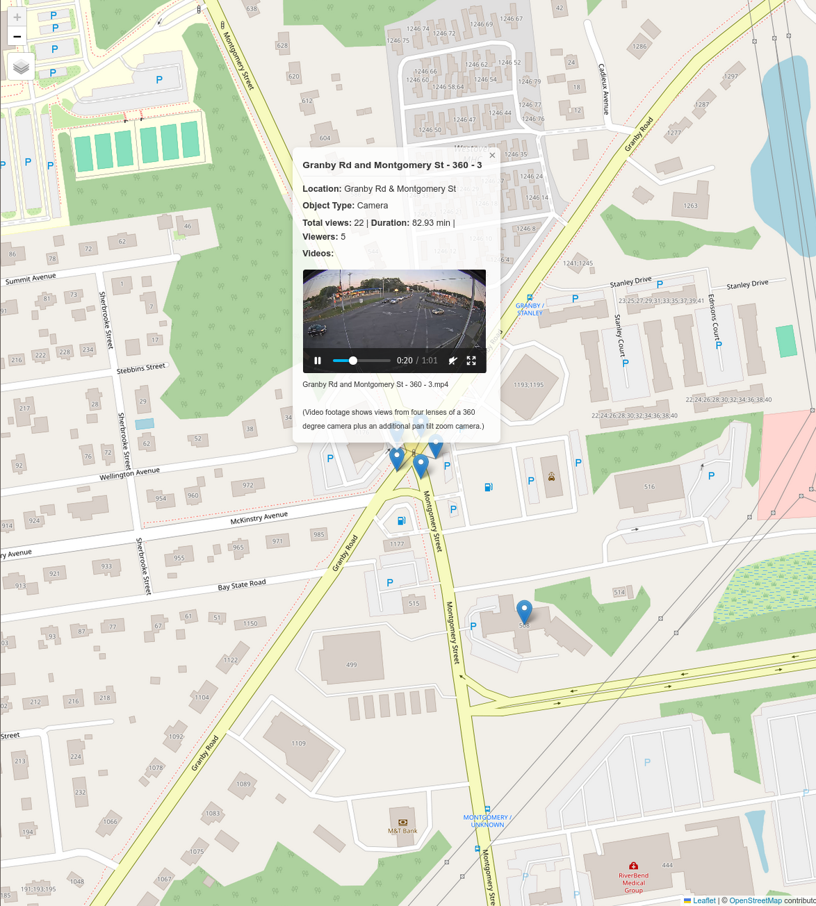 Interactive map popup showing camera location and embedded video